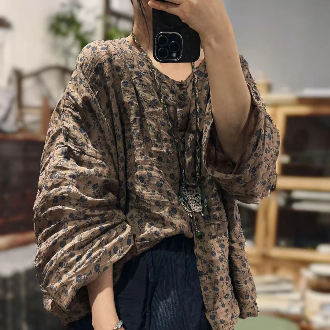 素年未央  SN192 文艺百搭落肩圆领苎麻印花双层开衫外套