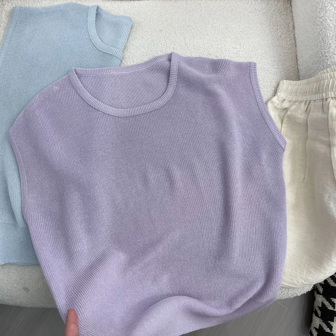 /亚麻飞飞袖/小飞袖薄款圆领无袖针织衫 衣长56 胸围52 95105