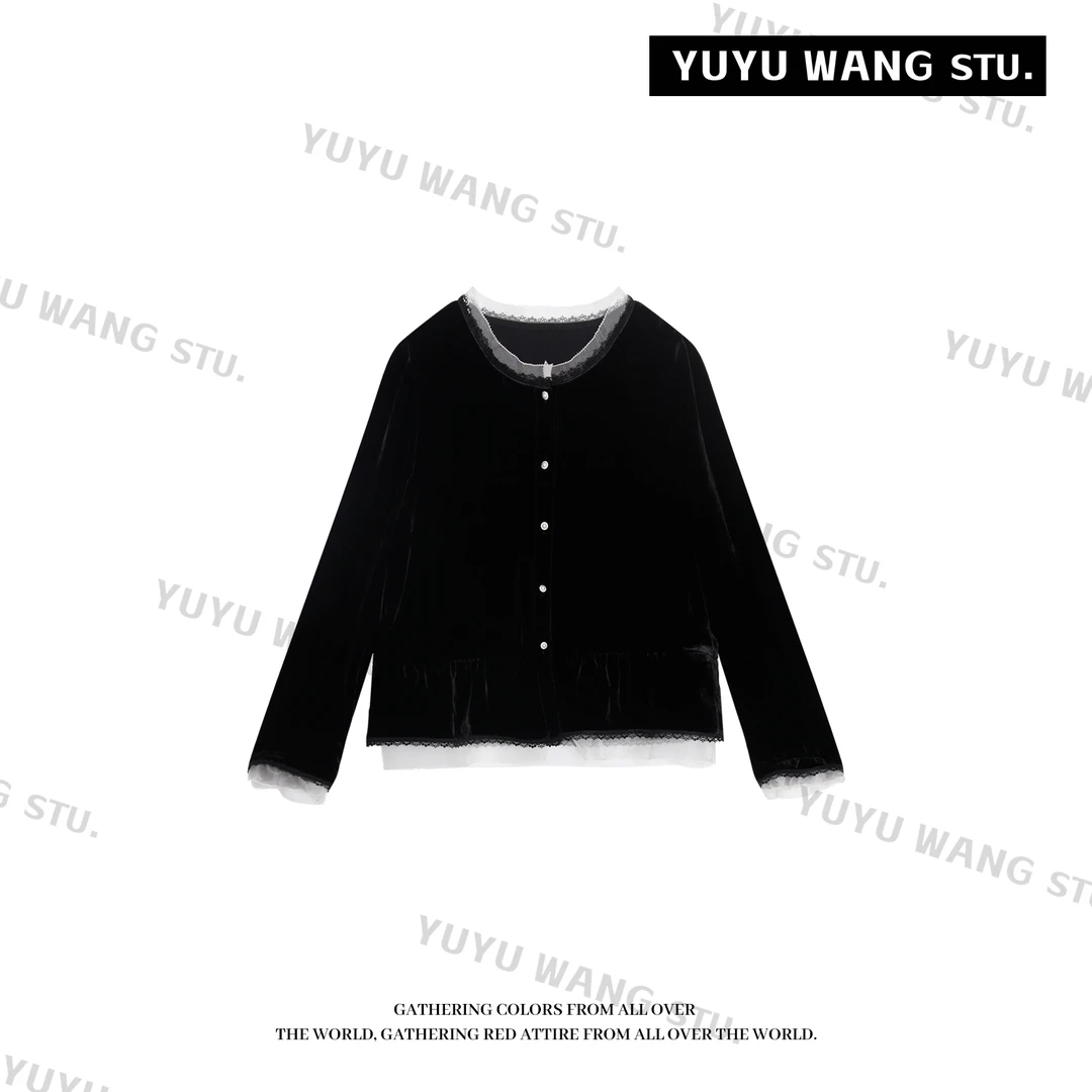 YUYU WANG 【蓓蕾】黑色真丝丝绒上衣 RBZ2FD162
