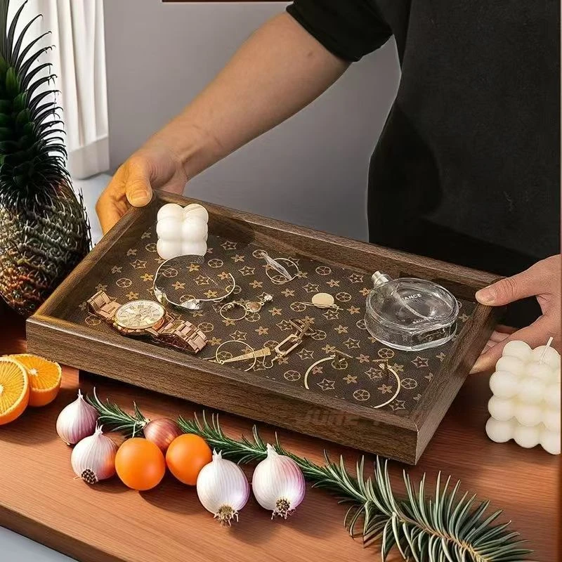 E【开头拍这里】木质托盘高档皮革首饰钥匙化妆品香水收纳桌面展示