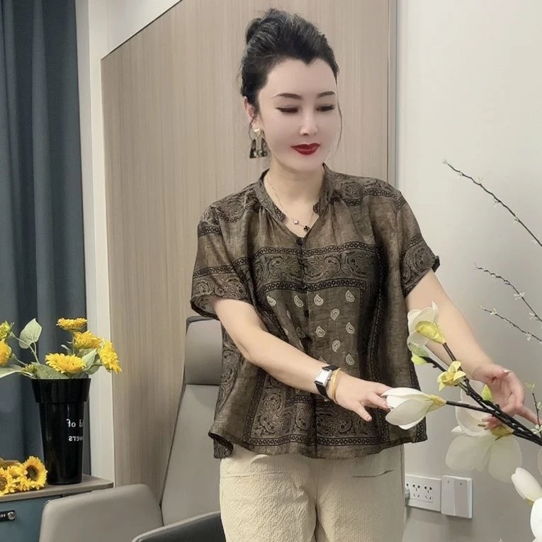 V领短袖T恤上衣女夏装新款宽松复古印花气质中年妈妈洋气衬衫上衣