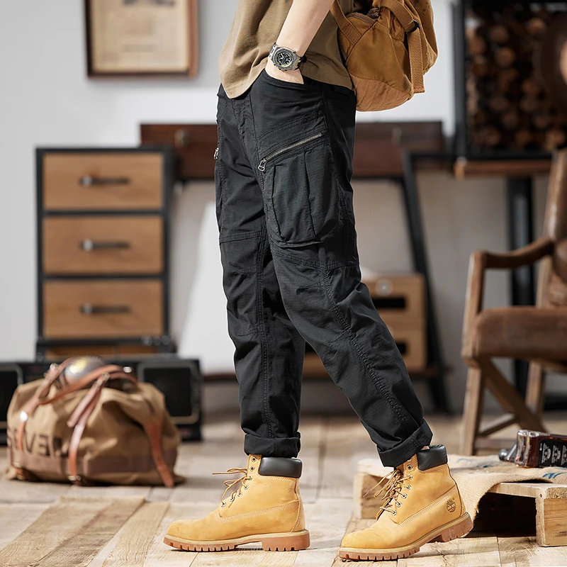 美式高端复古工装裤男潮牌春秋大码宽松户外多口袋束脚休闲裤子男