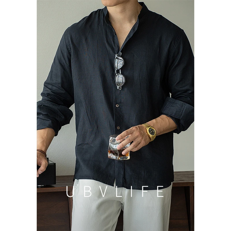 【100亚麻 轻奢老钱风】男立领休闲长袖衬衫秋季透气松弛感外套衬衫