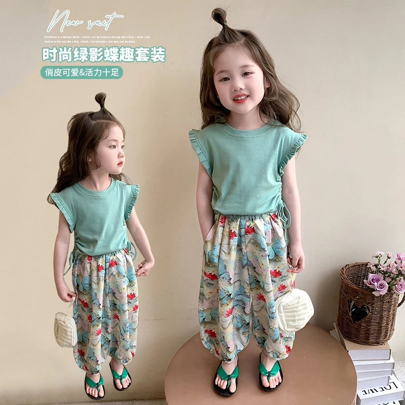 女童绿影蝶趣套2025夏季新款时尚小女孩洋气两件套中小夏