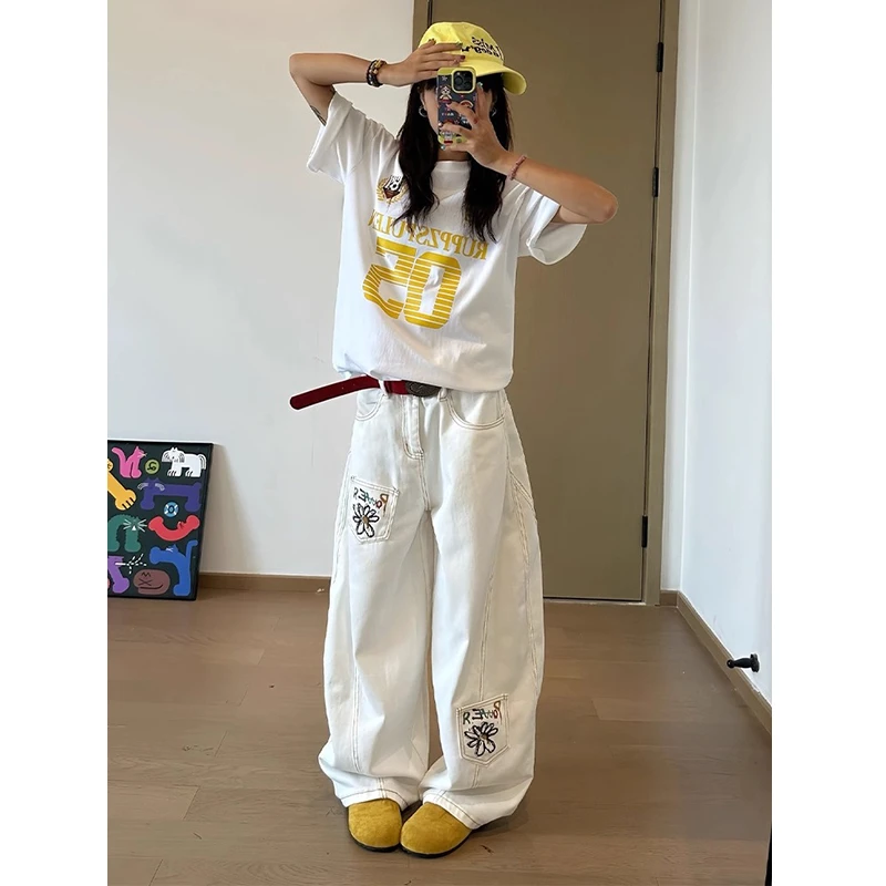 白色解构弯刀牛仔裤男女款美式复古设计感口袋工装裤子宽松阔腿裤