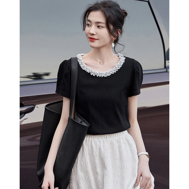 dme德·玛纳口碑云朵T轻熟风甜美圆领蕾丝泡泡袖短袖显瘦短款t恤