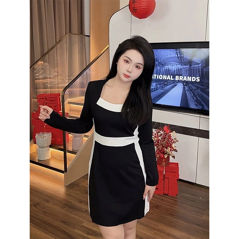 大梦微胖定制【LHC1070】气质显瘦法式修容收腰拼接长袖连衣裙