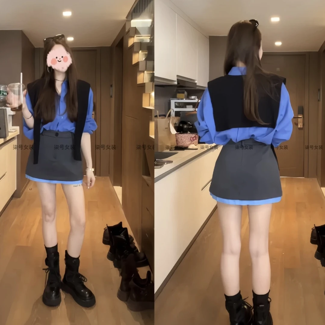 一整套早秋新款时尚洋气韩系百搭通勤衬衫配披肩+西装半裙套装女