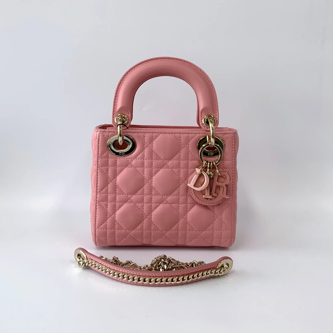 99新 DIOR/迪奥 粉色珐琅扣 三格戴妃 手提斜挎包