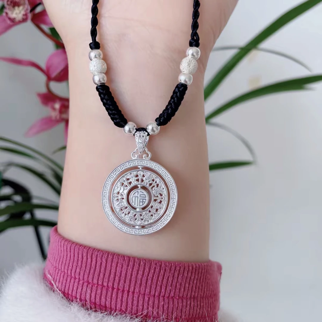 吊坠足银 足银999新款可转动八宝罗盘情侣款成人儿童时尚编织吊坠