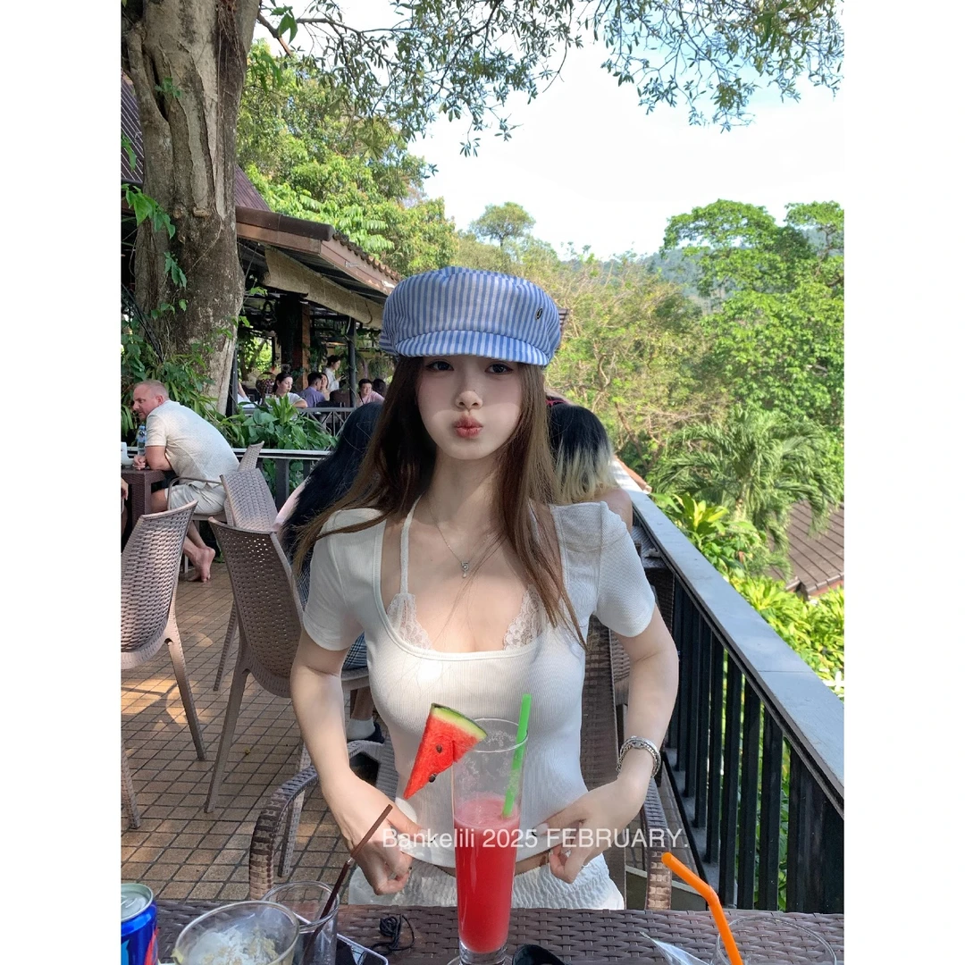 假两件撞色蕾丝吊带T恤上衣女显瘦辣妹短款夏季修身气质复古外穿