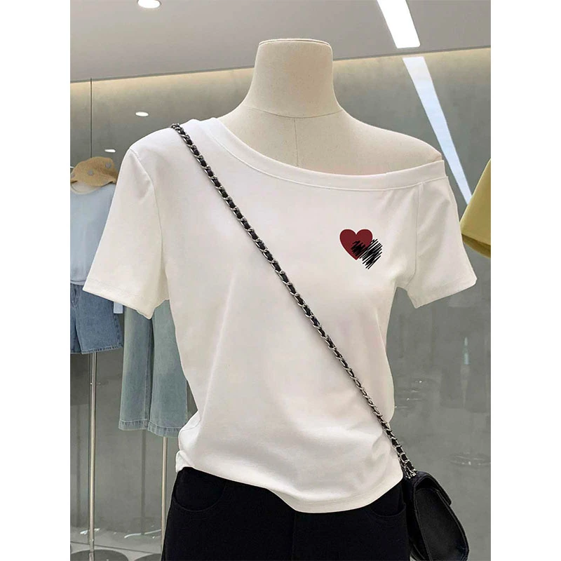 不撞款外穿露锁骨斜肩短袖t恤女小众设计感简约白色气质百搭上衣