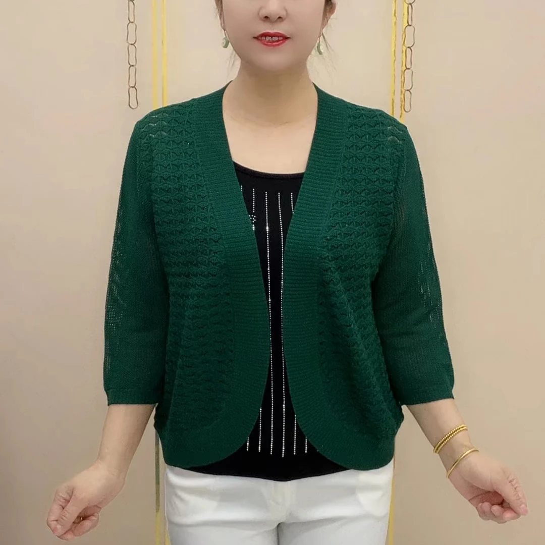 七分袖开衫款镂空宽松针织衫