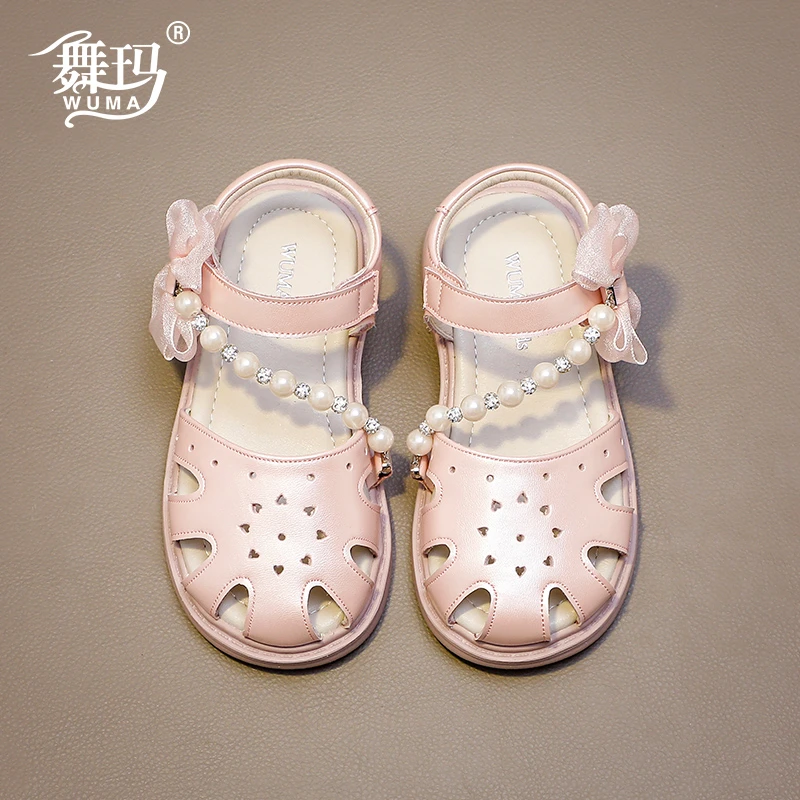 舞玛女童鞋儿童包头凉鞋2025新款夏季防滑珍珠蝴蝶结公主鞋528296