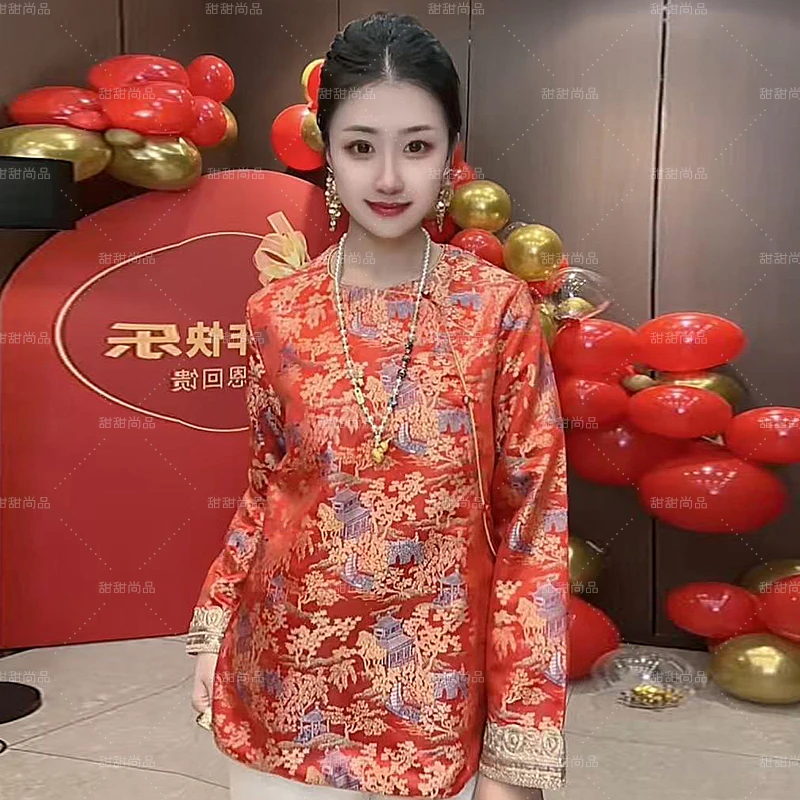 新中式彩色提花刺绣复古国风上衣女2025气质重工拼接袖国潮打底衫