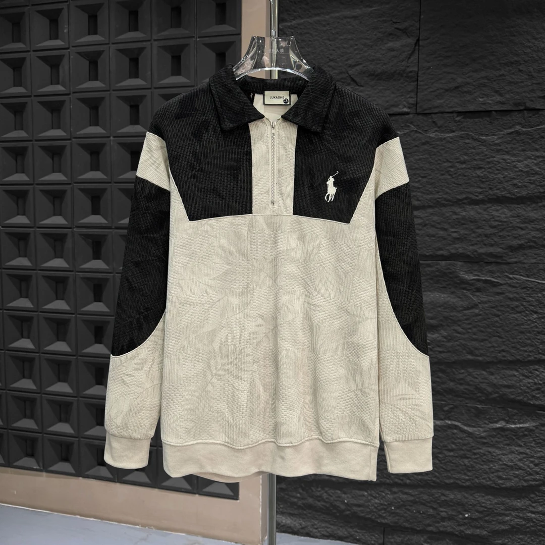 SP-A1628-早秋新款奢潮翻领拼色重工小马刺绣休闲百搭男士卫衣