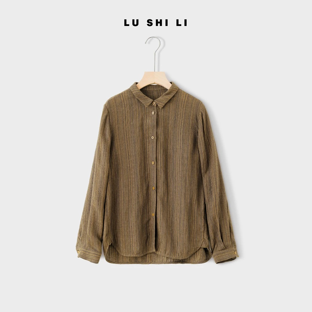 大宁原创【曼城旧事】棉麻秋季文艺休闲长袖系扣条纹麻料衬衫89189