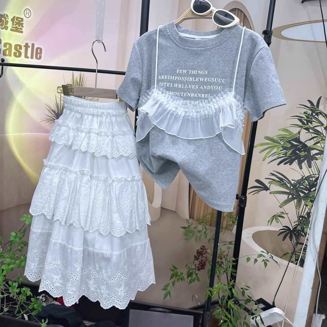 女童夏装套装2025新款儿童夏季洋气短袖T恤女孩蕾丝半身裙两件套