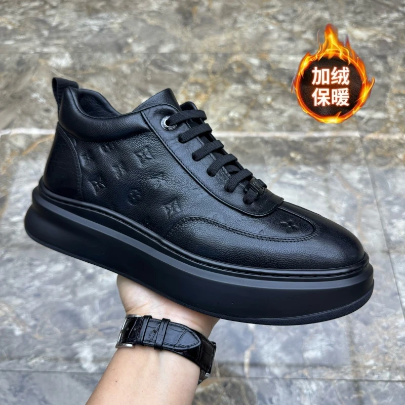 广州真皮男鞋冬季新款高帮印花加绒棉鞋头层牛皮时尚厚底休闲板鞋