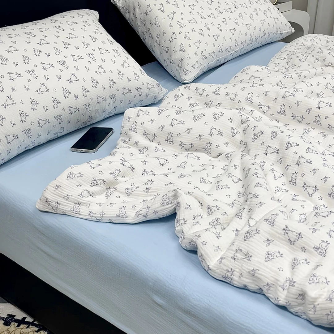 花兔~小清新A类母婴级全棉双层皱皱纱四件套纯棉被套裸睡柔软床品