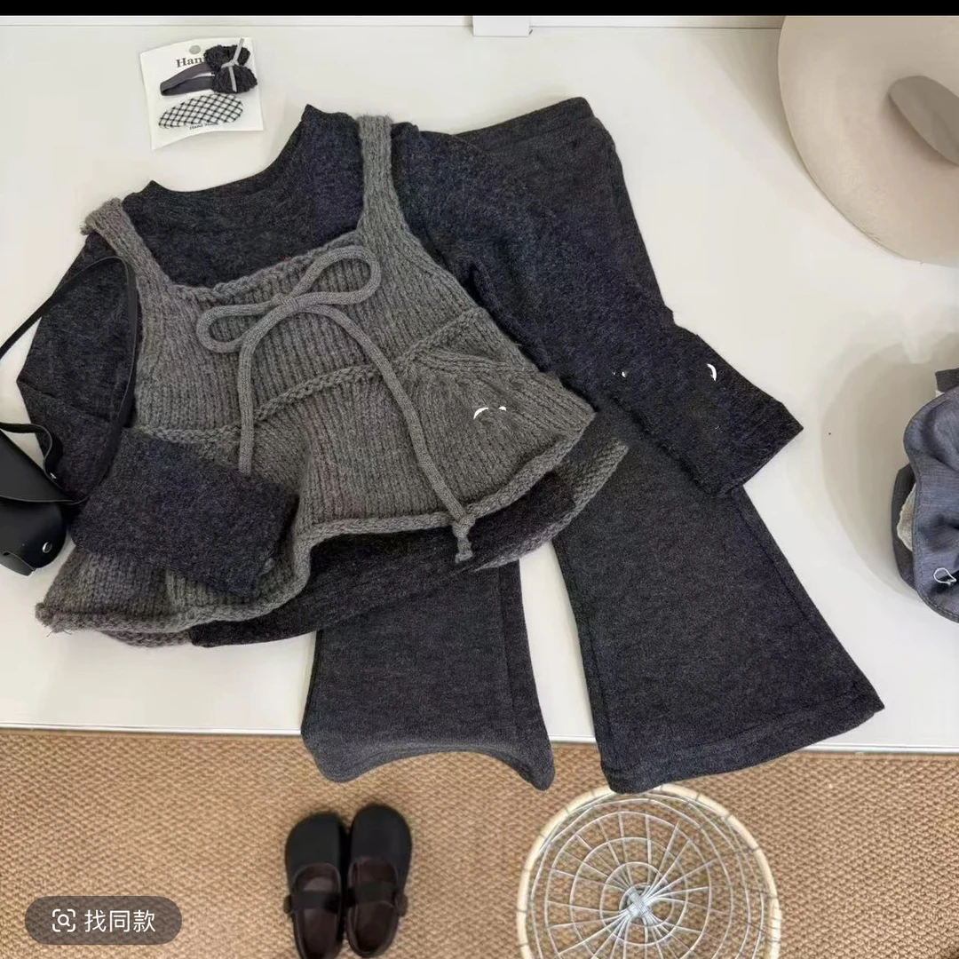 童装女童套装新款叠穿针织吊带2025秋季新款休闲洋气喇叭裤三件套