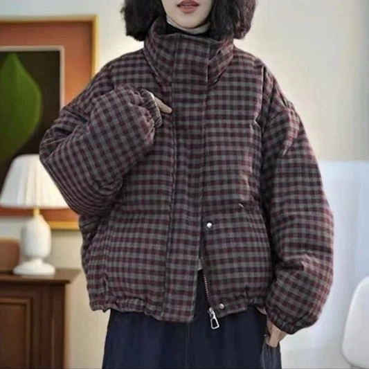格纹棉衣外套2024简约复古韩系立领夹棉保暖宽松休闲棉衣棉服女