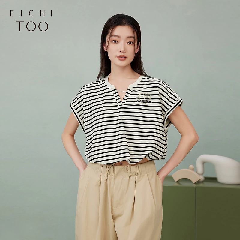 爱居兔夏季新款宽松时尚经典条纹半开领短袖针织衫ENZDJ2P002A