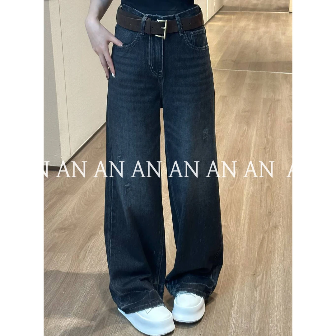 C08253美式潮流个性百搭宽松裤脚破洞高腰阔腿牛仔裤