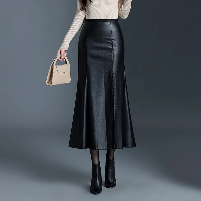 皮裙鱼尾裙半身裙长款女秋季高腰修身时尚包臀裙显瘦长裙