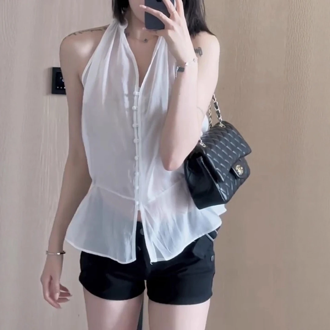 法式挂脖无袖背心女2025新款夏季设计感小众修身显瘦百搭纯色上衣