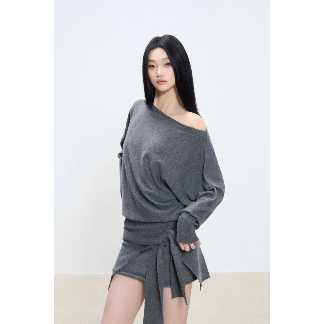 withmin凉皮 暖岛蓝夜 辣妹秋针织长袖上衣+松紧腰半身裙2523925