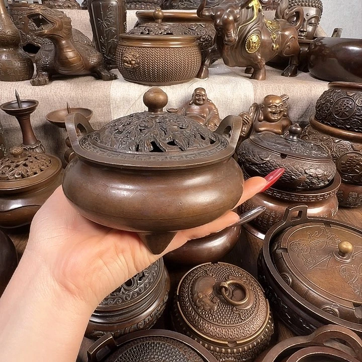 夜**珊纯铜工艺10口径带盖熏香炉