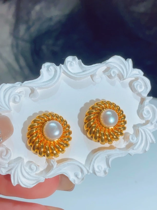 足金999螺旋珍珠耳环