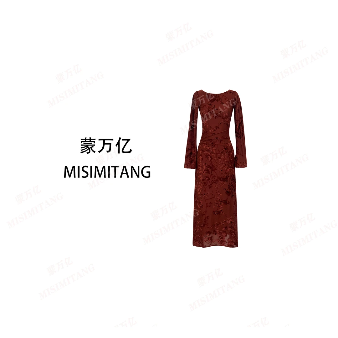 【暮色晚霞】新款时尚长袖修身植绒橘色女装连衣裙显瘦大码轻奢打底