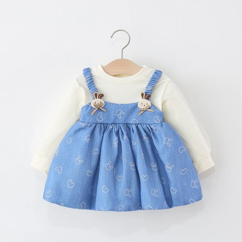 女童连衣裙春秋季婴儿童女宝宝卡通兔耳朵假两件背带花苞公主裙子
