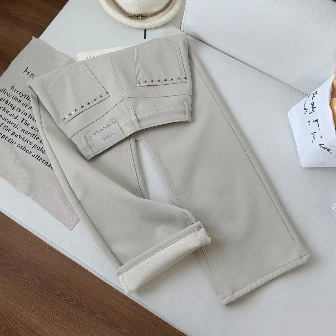 奶茶灰弹力加绒直筒牛仔裤女2025冬季新款刺绣高腰百搭显瘦阔腿裤