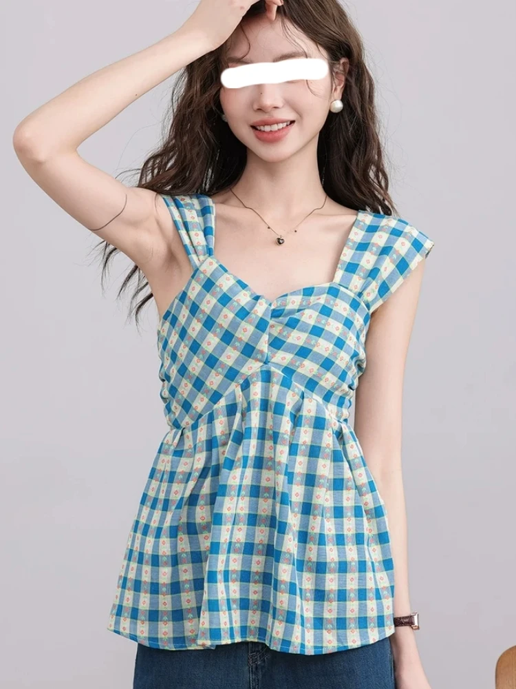甜辣撞色格子扭结吊带背心女夏季新款小众设计感减龄外穿小衫上衣