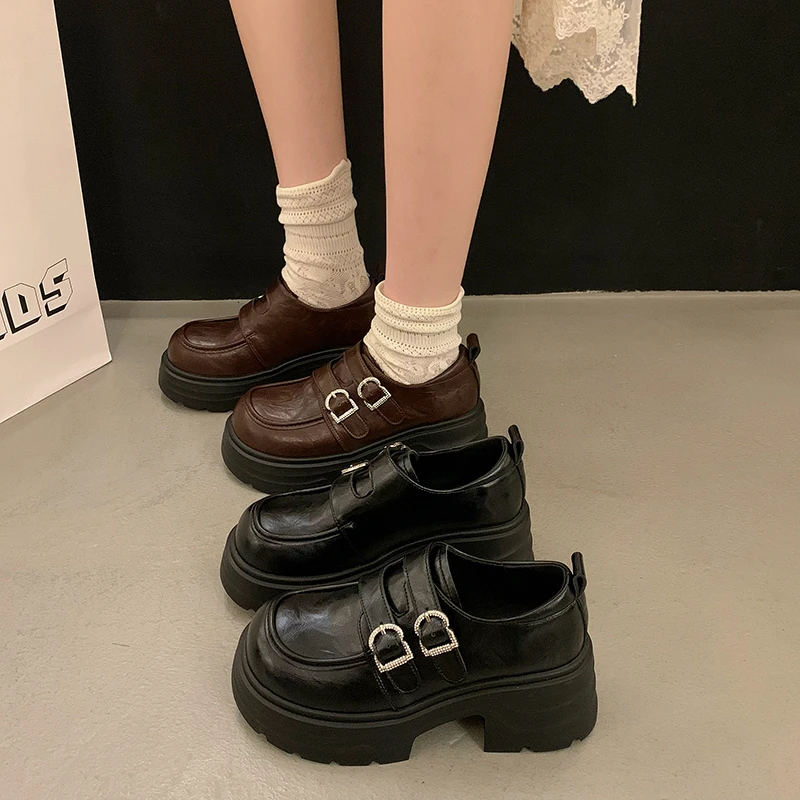 黑色圆头金属扣厚底增高小皮鞋女2025秋季新款复古百搭配裙子单鞋