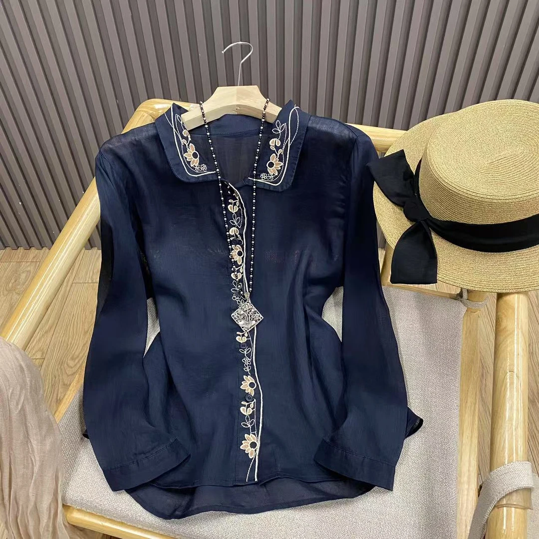 复古刺绣苎麻衬衫文艺百搭减龄纯色休闲棉麻上衣女C9506