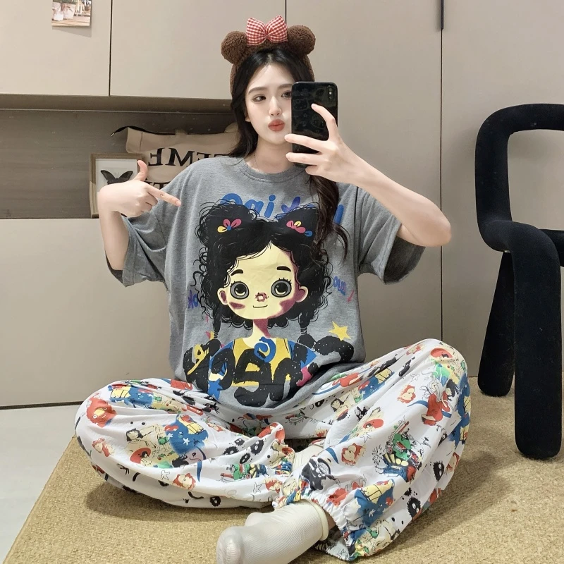 夏季新款云朵棉卡通短长带胸垫睡衣女家居服套装外穿