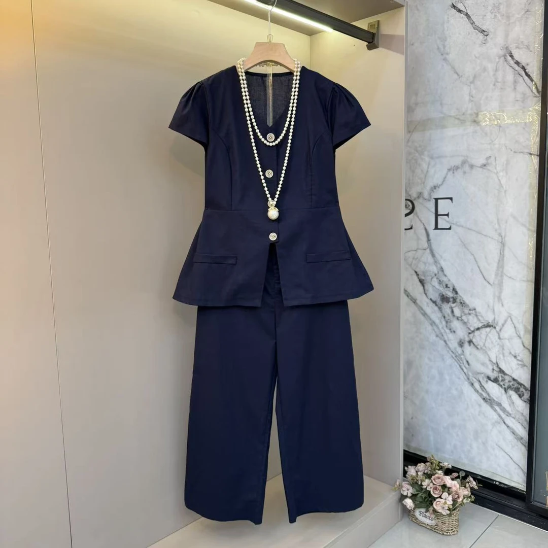 2025欧货法式v领小泡泡袖上衣+九分直筒裤显瘦通勤风两件套7202