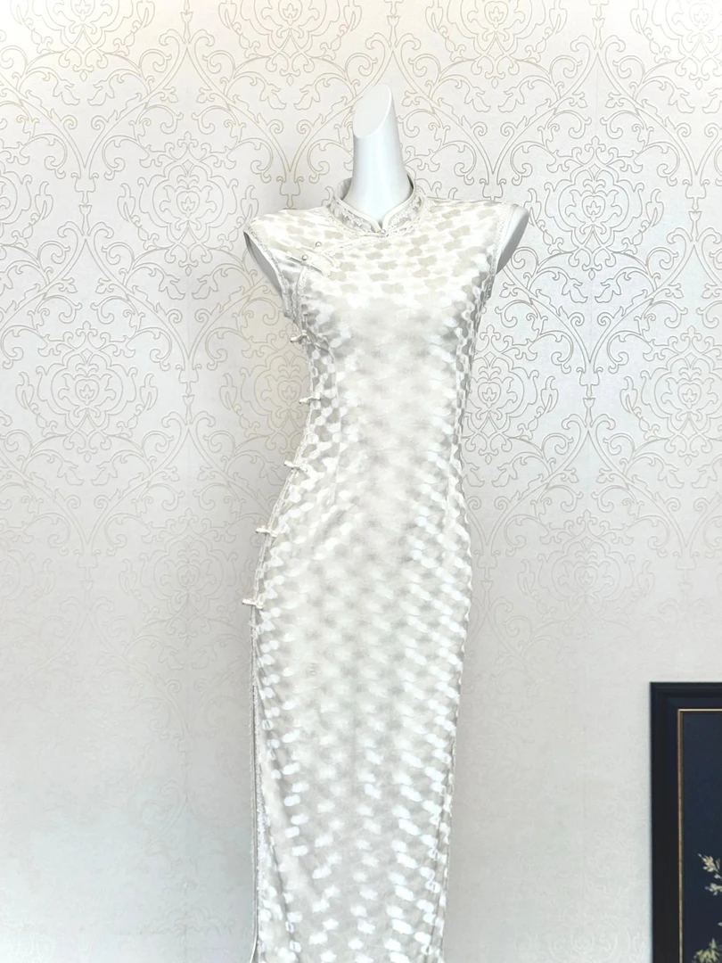 日常提花长旗袍一字扣刺绣旗袍法式气质蕾丝