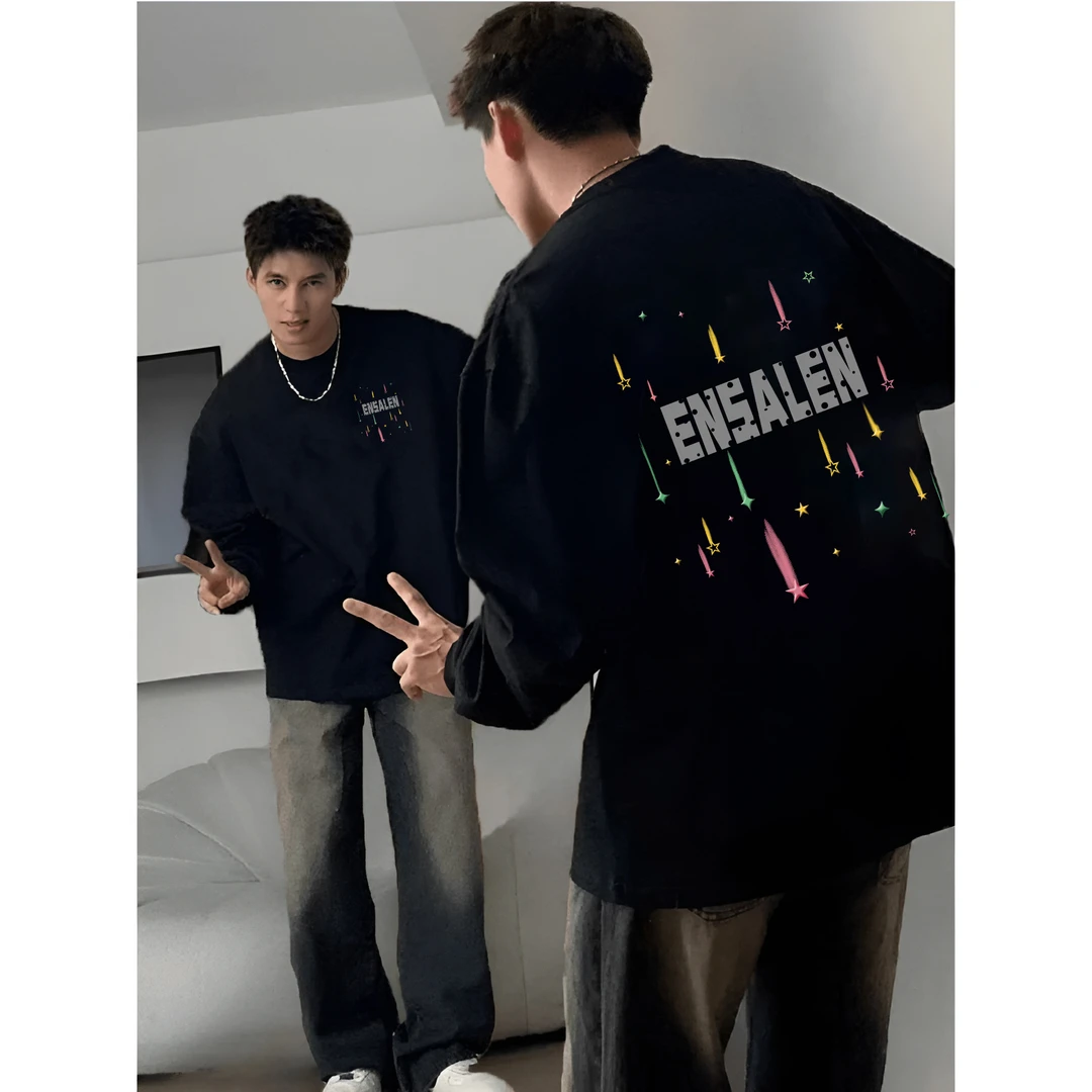 坠落星星印花纯棉长袖美式高街早秋潮牌圆领宽松休闲t袖男女上衣