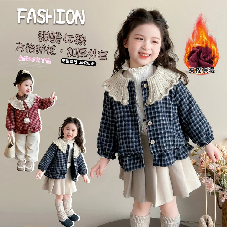 【格子毛线领加厚外套】女小童冬季新款韩系娃娃领格子加厚短款外套