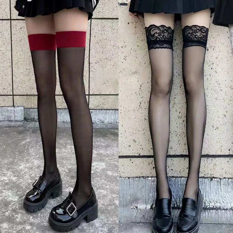 黑色网红性感红边拼接大腿丝袜夏季薄款黑丝约会神器蕾丝过膝袜