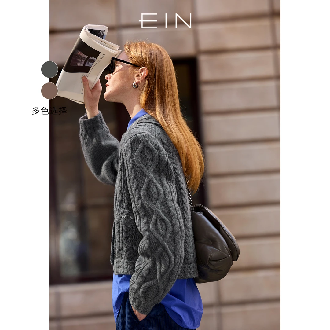 EIN/言古着感立体绞花绵羊毛圆领落肩袖针织开衫外套2025秋款