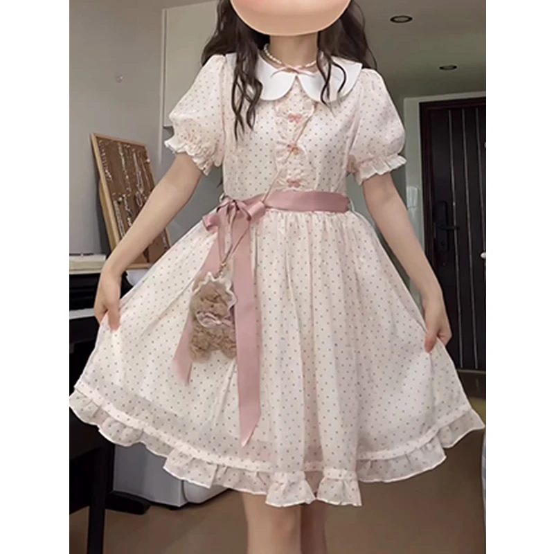 甜美气质波点娃娃裙夏季收腰蝴蝶结粉色复古公主裙泡泡袖短裙子
