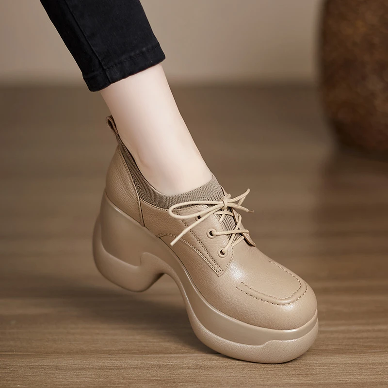 小个子增高9cm~新款松糕底单鞋女英伦风厚底小皮鞋真皮拼接高跟鞋