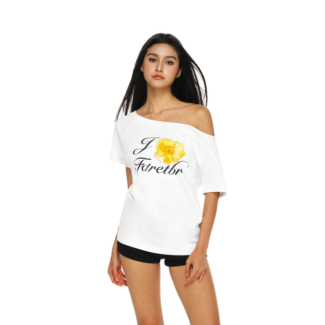 FDR官方店  海岛风花朵字母印花短袖t恤女夏季斜肩辣妹体恤上衣