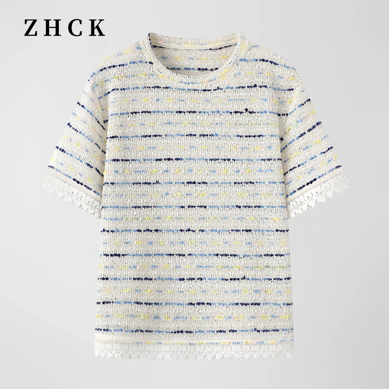 ZHCK高级感法式气质编织条纹短袖2025新款百搭宽松显瘦针织T恤女